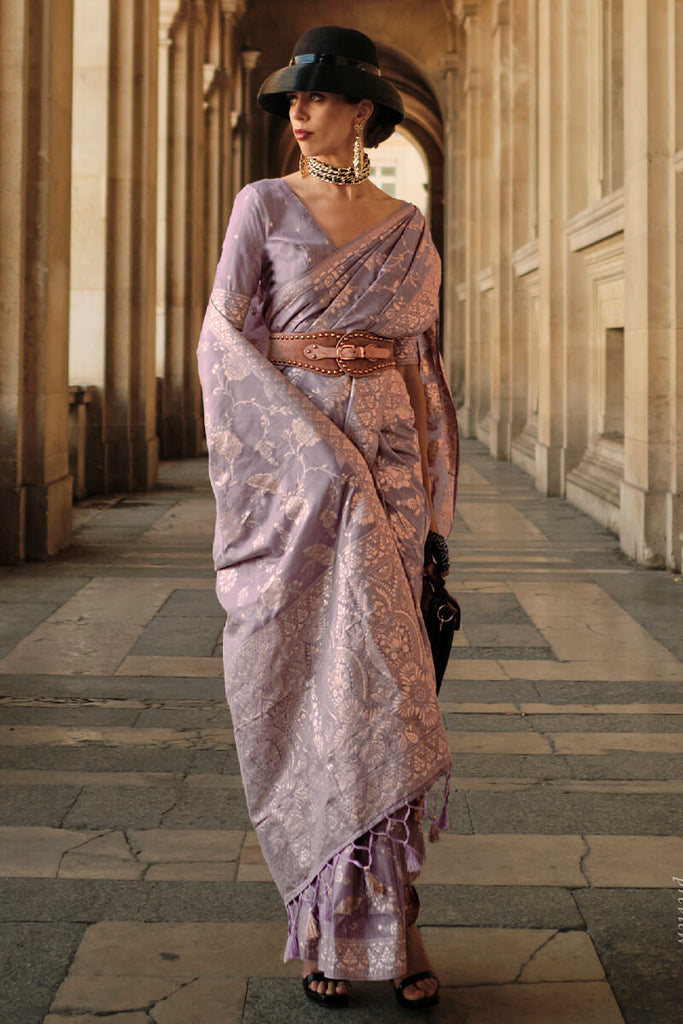 Dusty Lavender Gota Zari Woven Banarasi Silk Saree