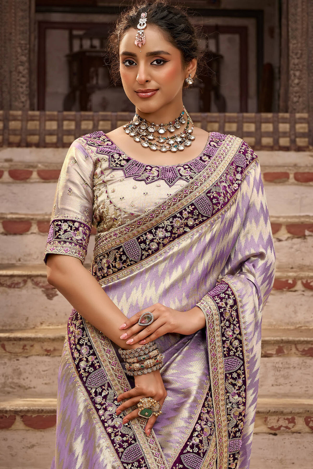 Dusty Lavender Hand Work Viscose Saree with Stiched Blouse