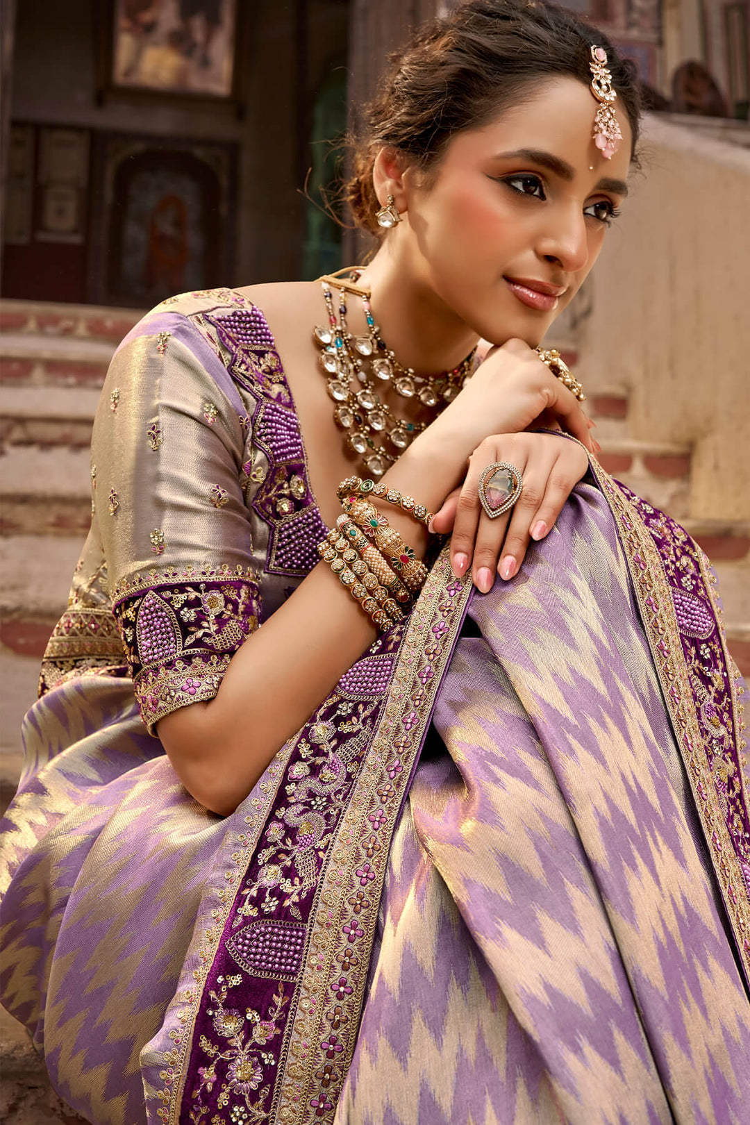 Dusty Lavender Hand Work Viscose Saree with Stiched Blouse