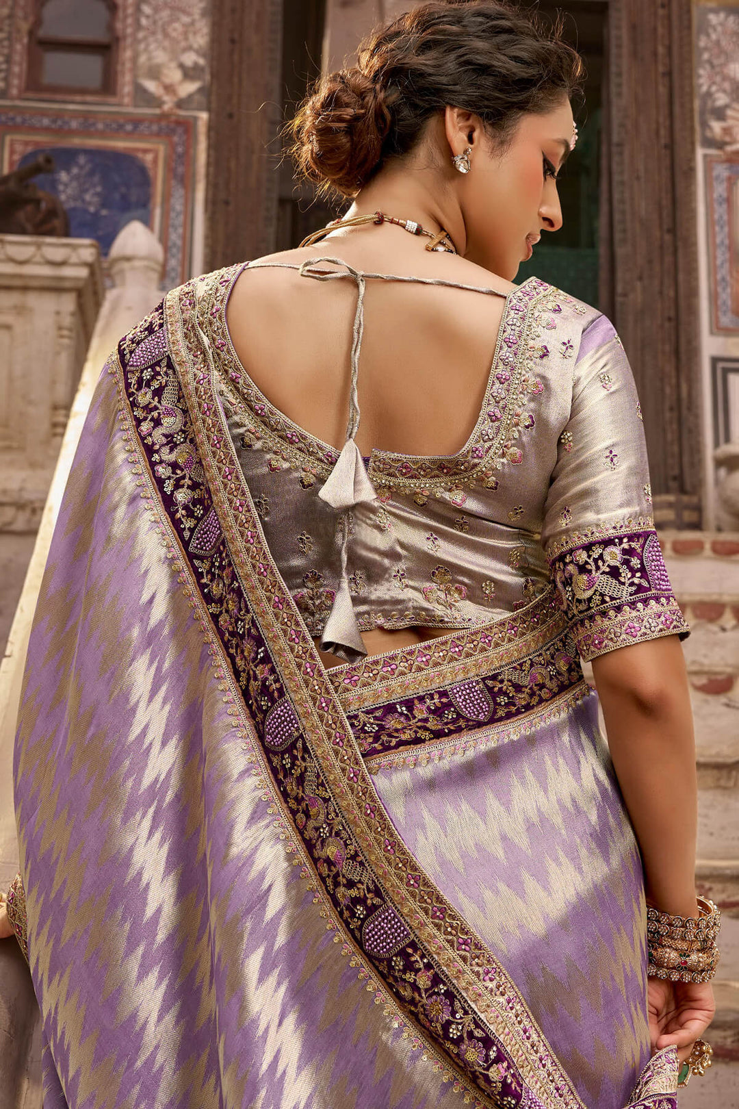 Dusty Lavender Hand Work Viscose Saree with Stiched Blouse