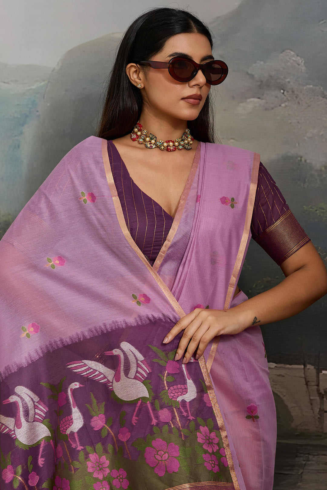 Dusty Lavender Handloom Spun Cotton Saree