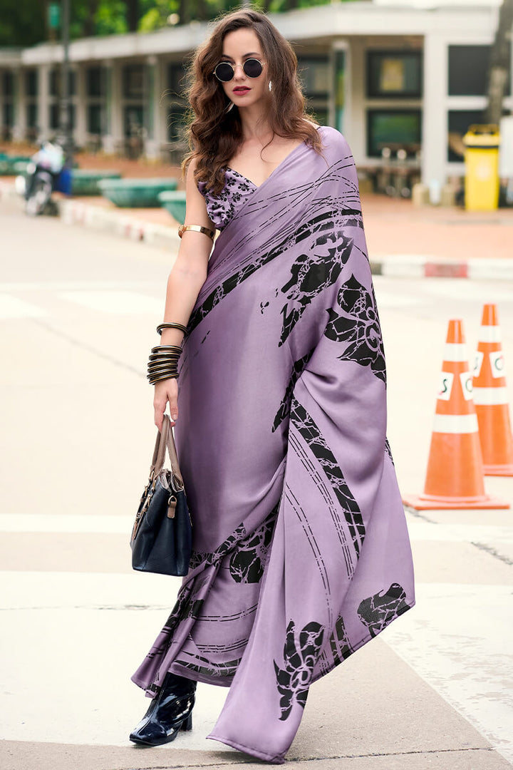 Dusty Lavender Printed Satin Crape Silk Saree