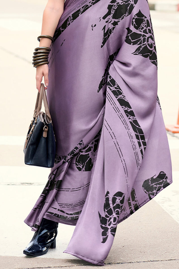 Dusty Lavender Printed Satin Crape Silk Saree