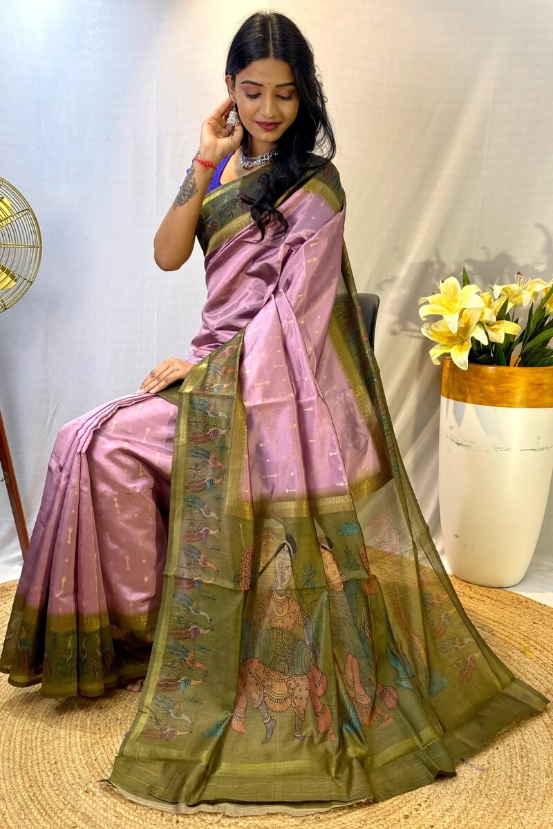 Dusty Lavender Printed Soft Chanderi Silk Saree