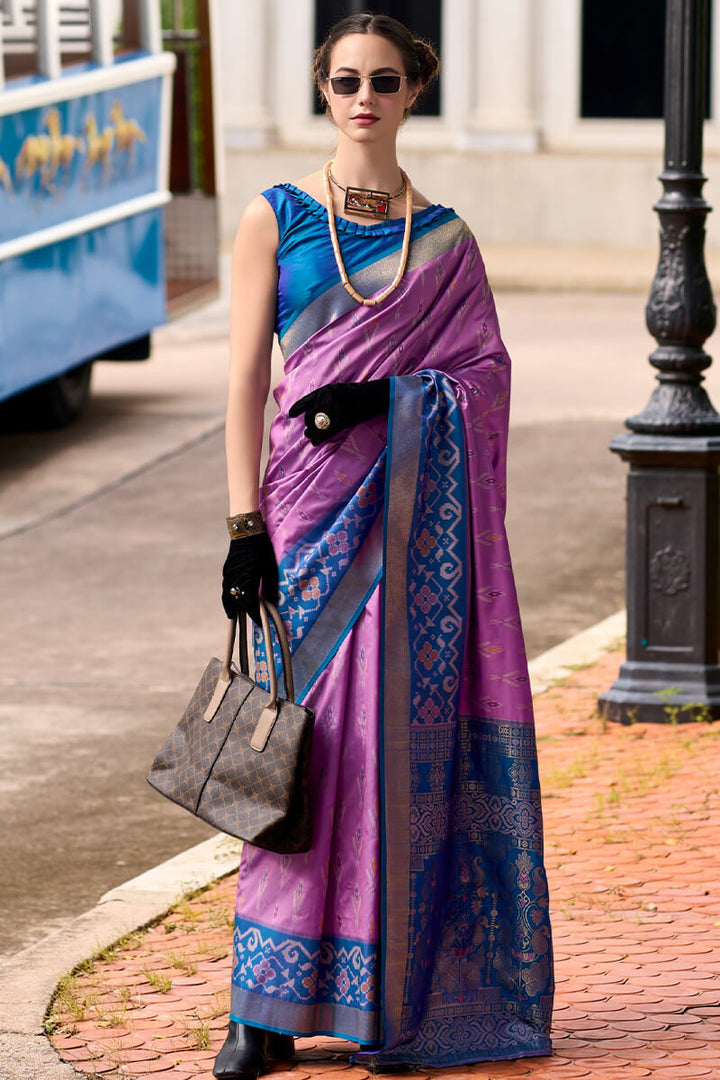 Dusty Lavender Soft Silk Saree with Ikkat Border