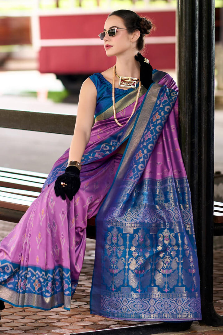 Dusty Lavender Soft Silk Saree with Ikkat Border