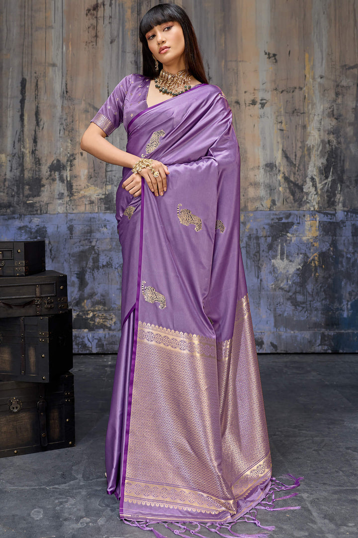 Dusty Lavender Zari woven Banarasi Satin Silk Saree