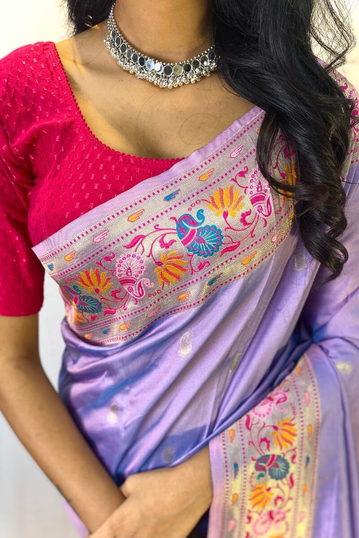 Dusty Lavender Zari Woven Paithani Silk Saree