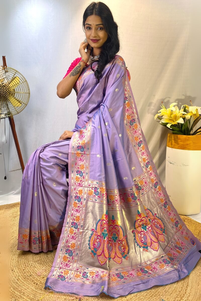 Dusty Lavender Zari Woven Paithani Silk Saree