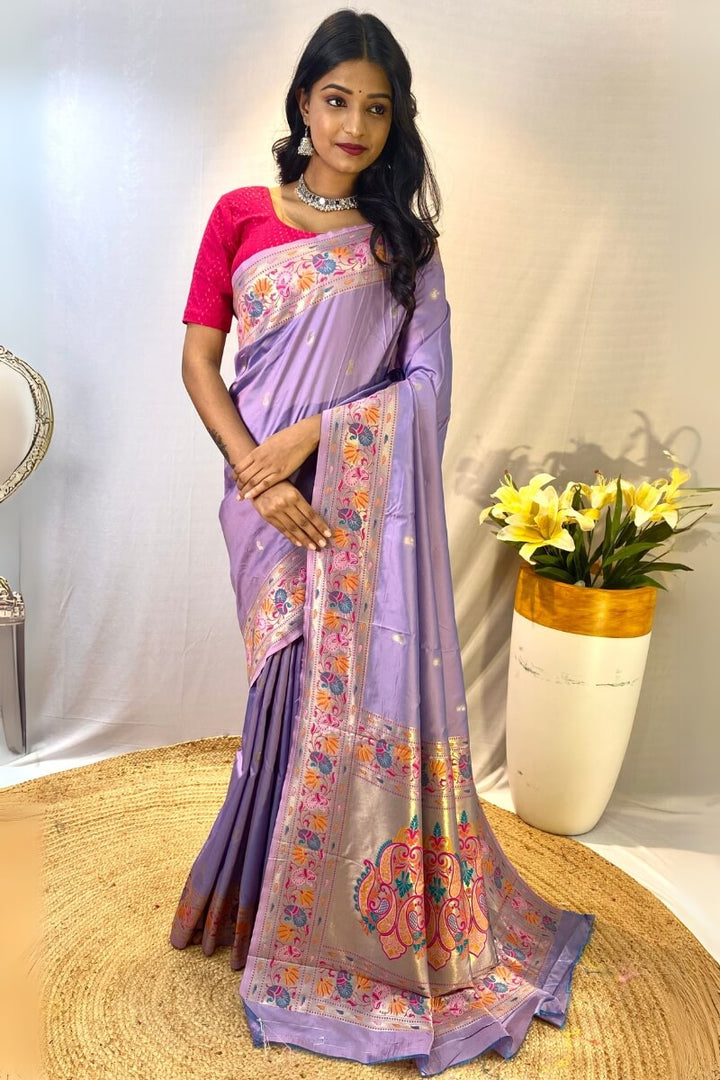 Dusty Lavender Zari Woven Paithani Silk Saree