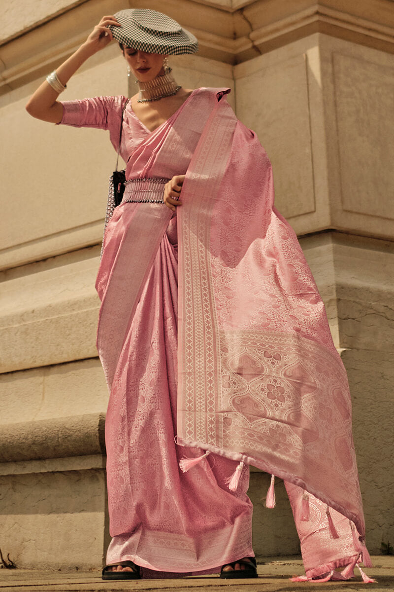Dusty Pink Zari Woven Banarasi Satin Silk Saree