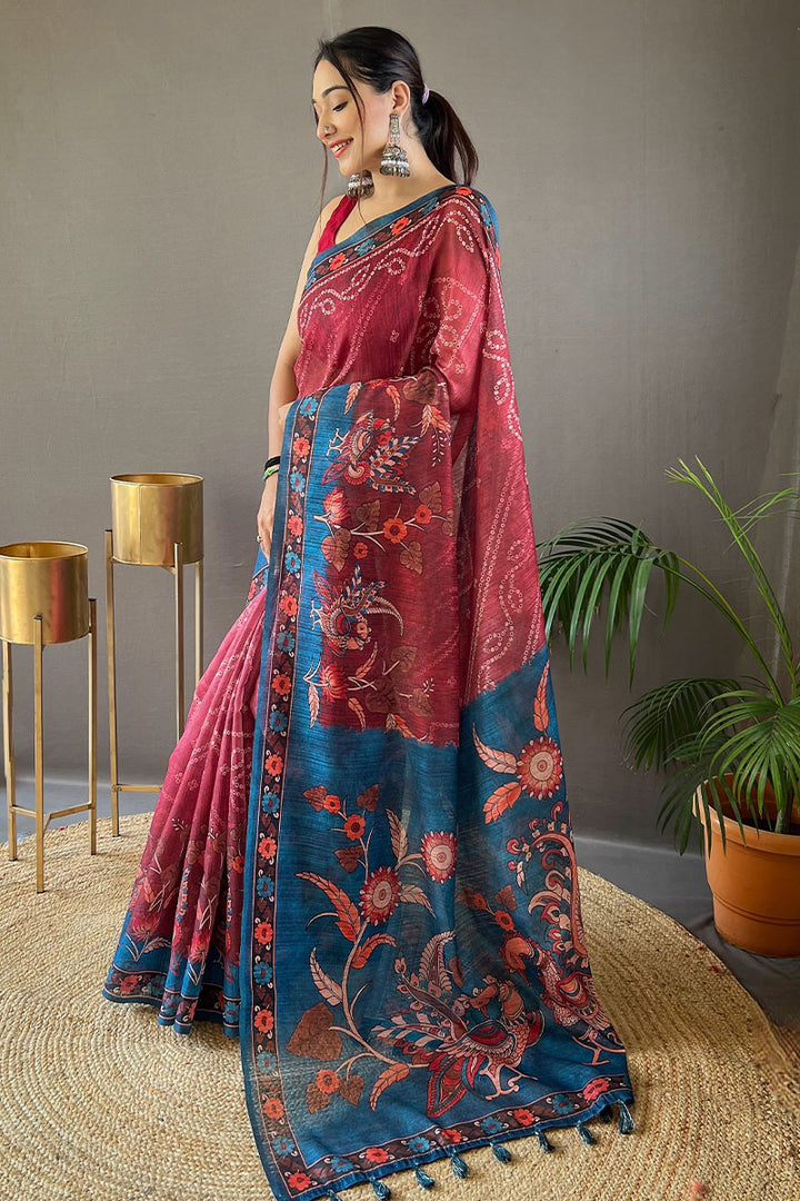 Dusty Red Printed Cotton Silk Saree