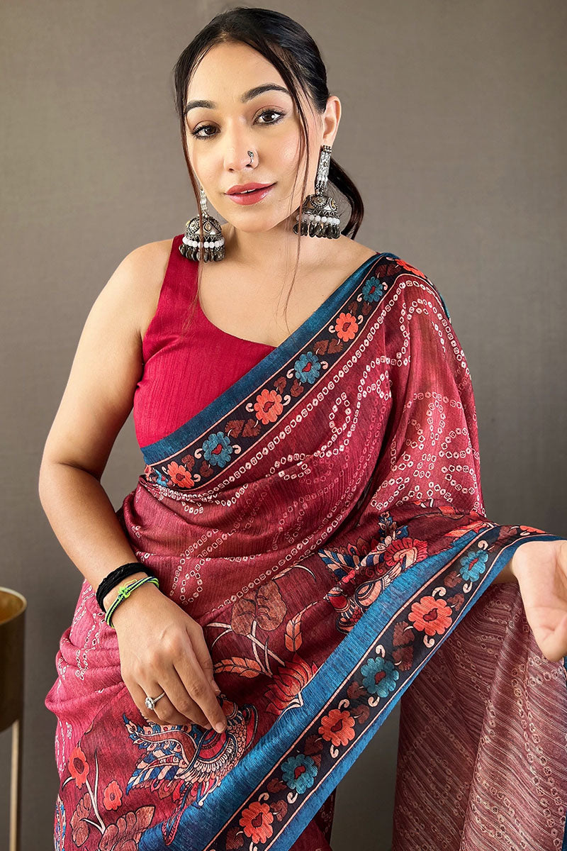 Dusty Red Printed Cotton Silk Saree