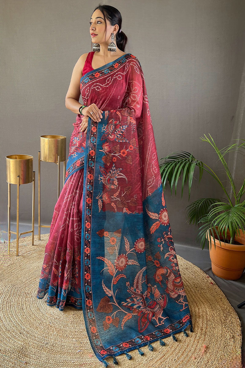 Dusty Red Printed Cotton Silk Saree