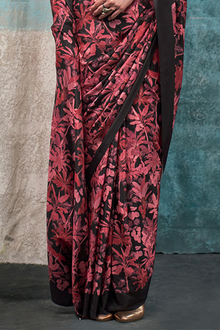 Dusty Red Printed Crape Silk Saree