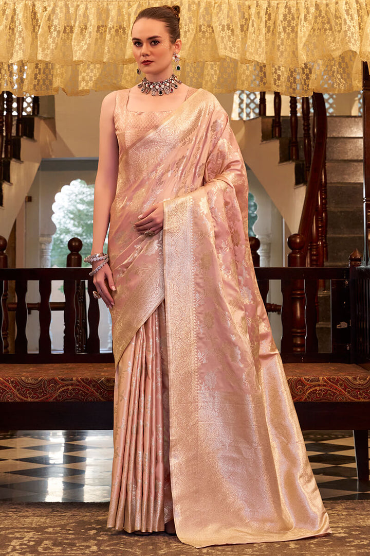 Dusty Rose Pink Banarasi Satin Silk Saree