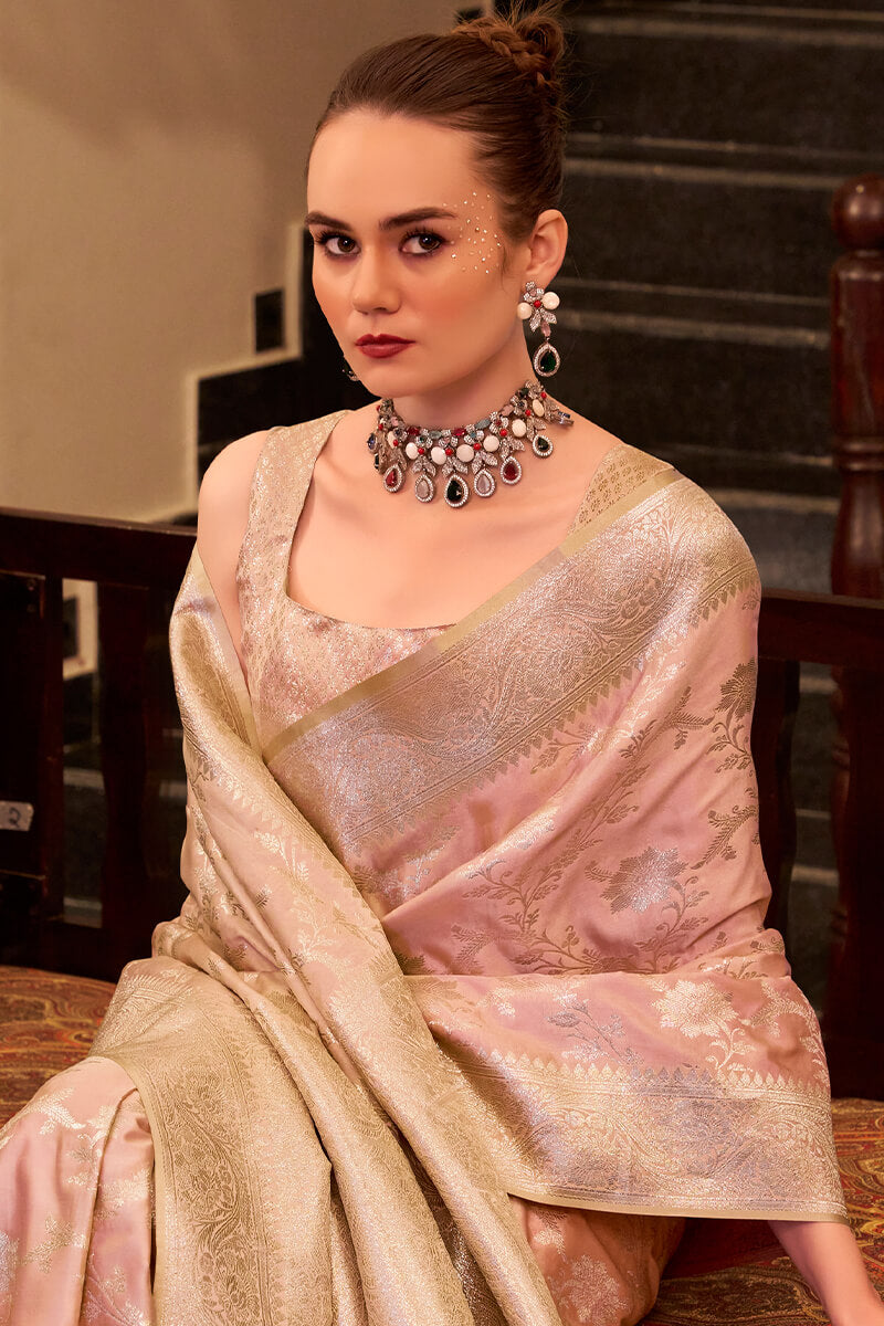 Dusty Rose Pink Banarasi Satin Silk Saree