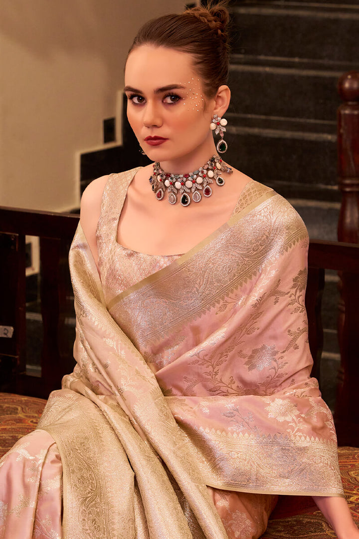 Dusty Rose Pink Banarasi Satin Silk Saree