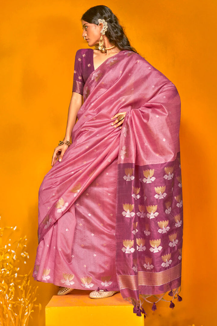 Dusty Rose Pink Handloom Tussar Silk Saree