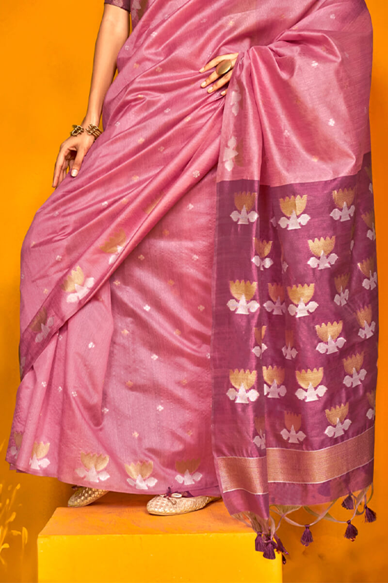 Dusty Rose Pink Handloom Tussar Silk Saree