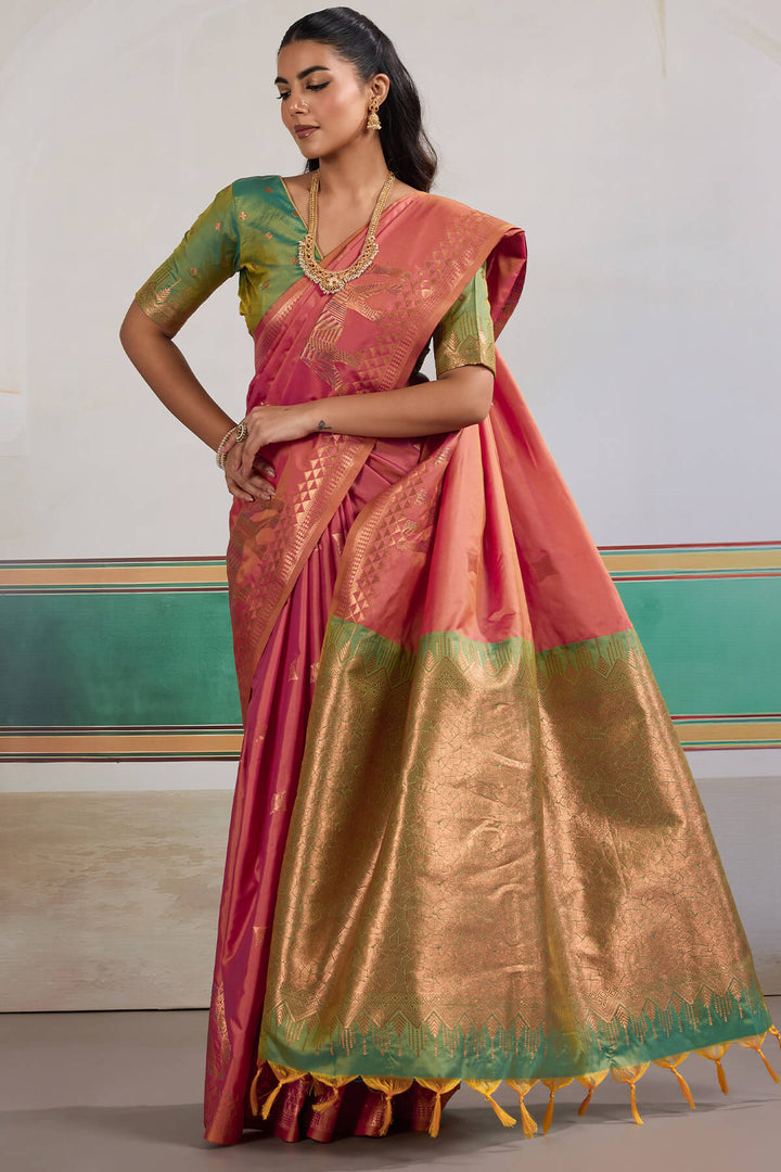 Dusty Rose Pink Zari Woven Banarasi Silk Saree