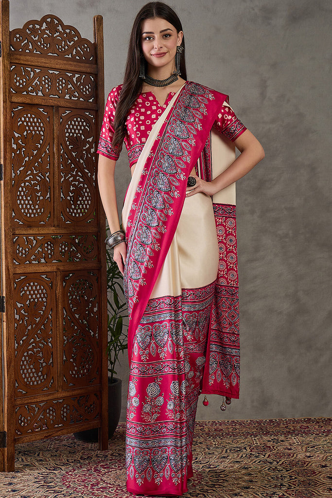Earthlight Beige Ajrakh Printed Satin Silk Saree
