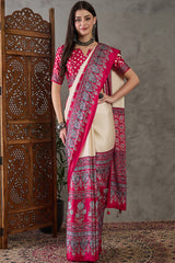 Earthlight Beige Ajrakh Printed Satin Silk Saree