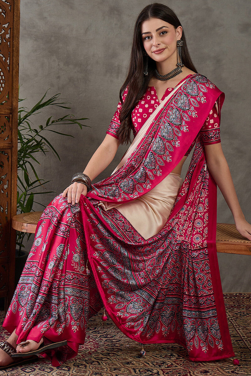 Earthlight Beige Ajrakh Printed Satin Silk Saree