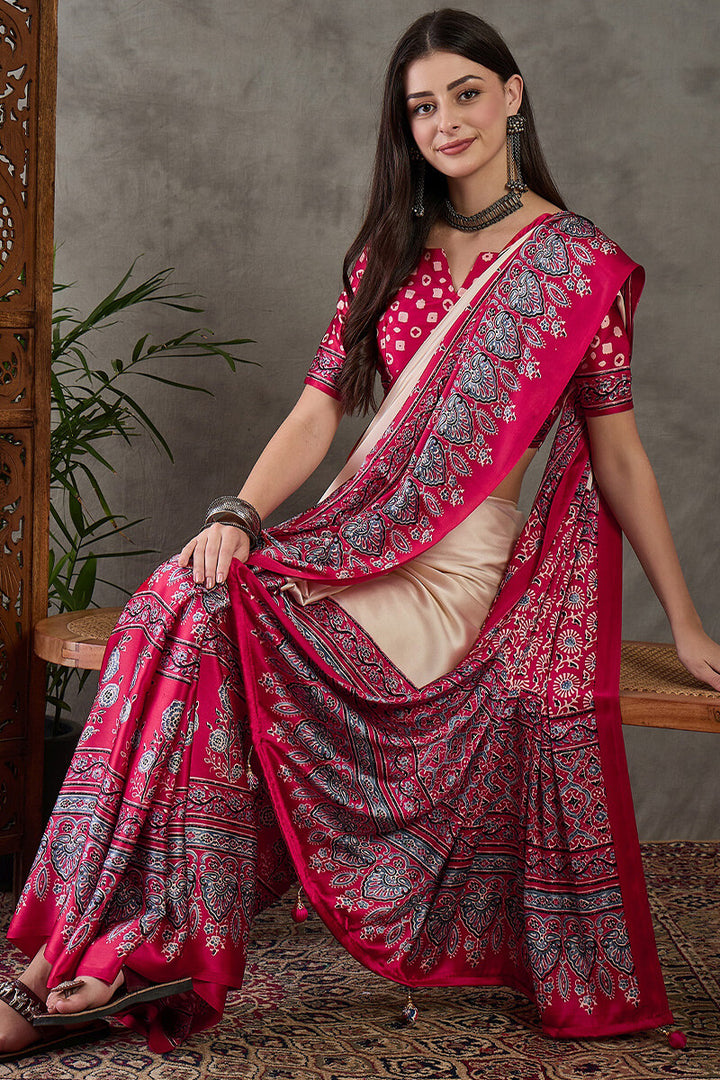 Earthlight Beige Ajrakh Printed Satin Silk Saree