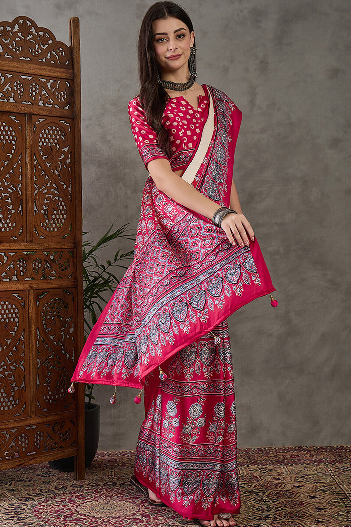 Earthlight Beige Ajrakh Printed Satin Silk Saree