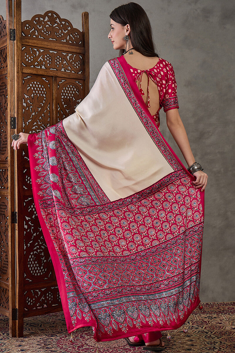 Earthlight Beige Ajrakh Printed Satin Silk Saree