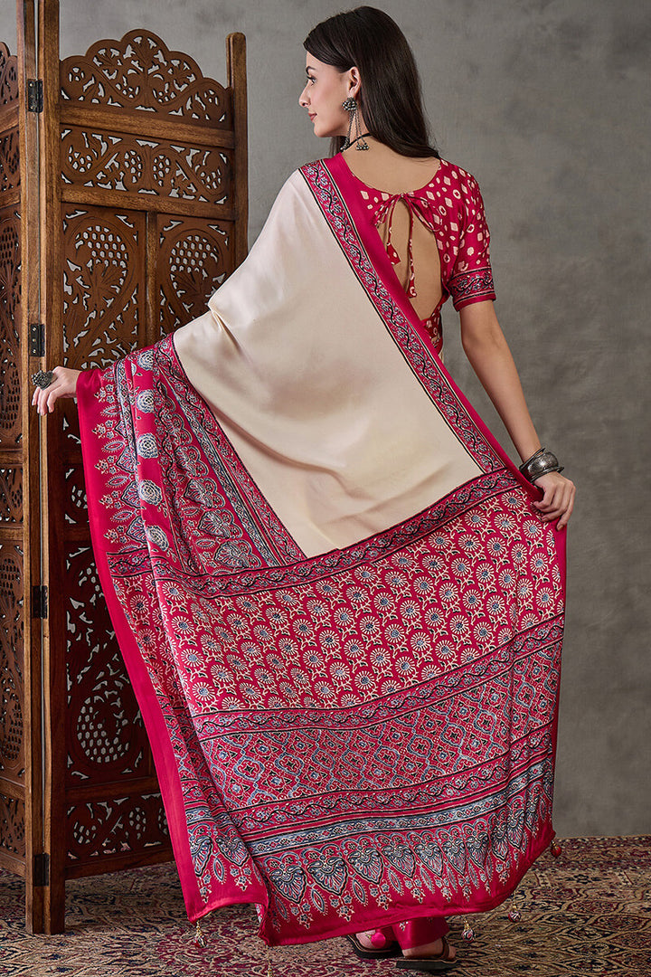 Earthlight Beige Ajrakh Printed Satin Silk Saree