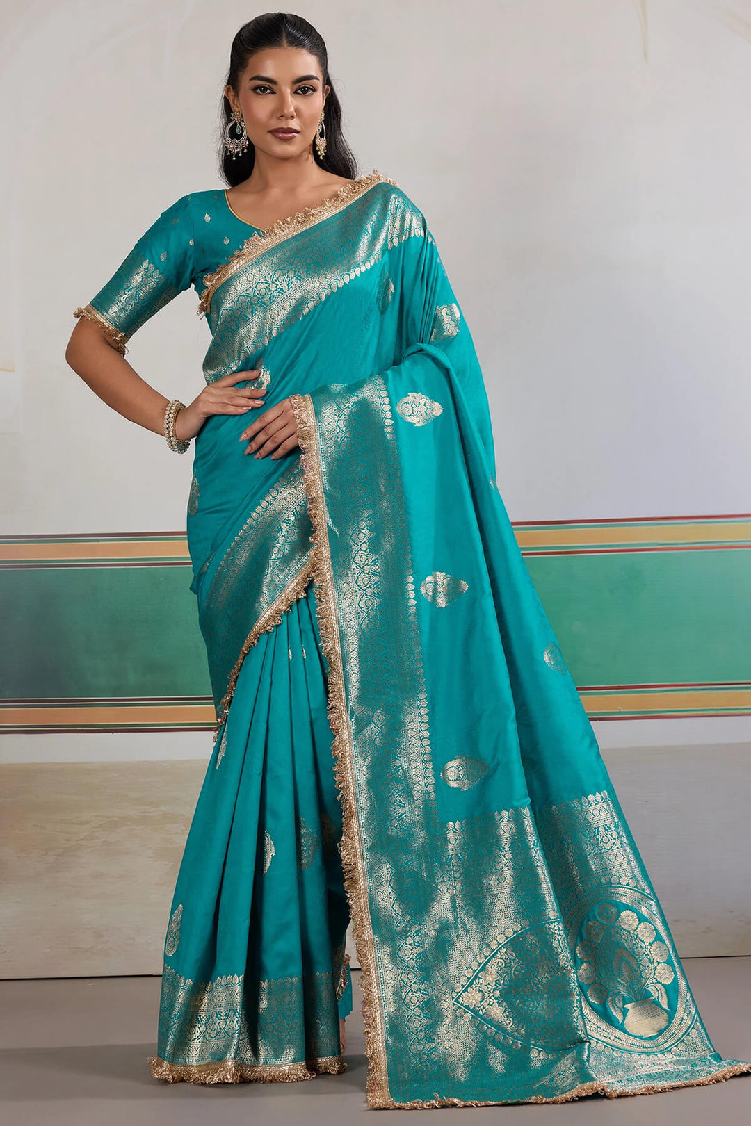 Eastern Blue Banarasi Silk Saree with Fancy Lace Border