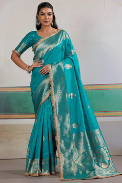 Eastern Blue Banarasi Silk Saree with Fancy Lace Border