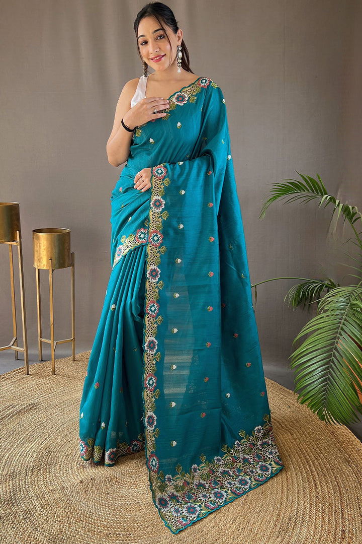 Eastern Blue Embroidered Work Tussar Silk Saree