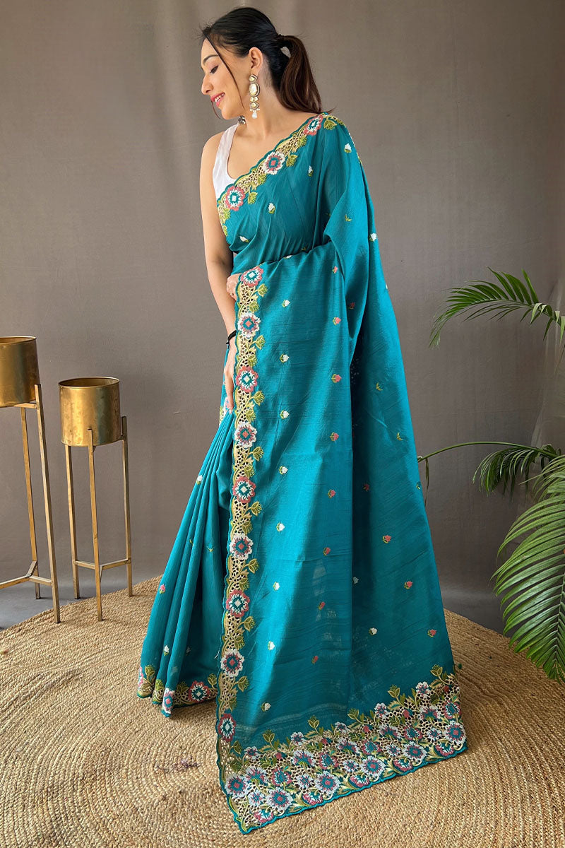 Eastern Blue Embroidered Work Tussar Silk Saree