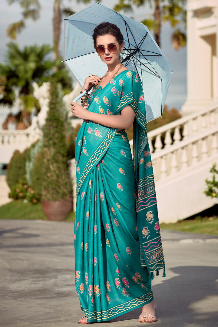 Eastern Blue Printed Mul cotton Saree