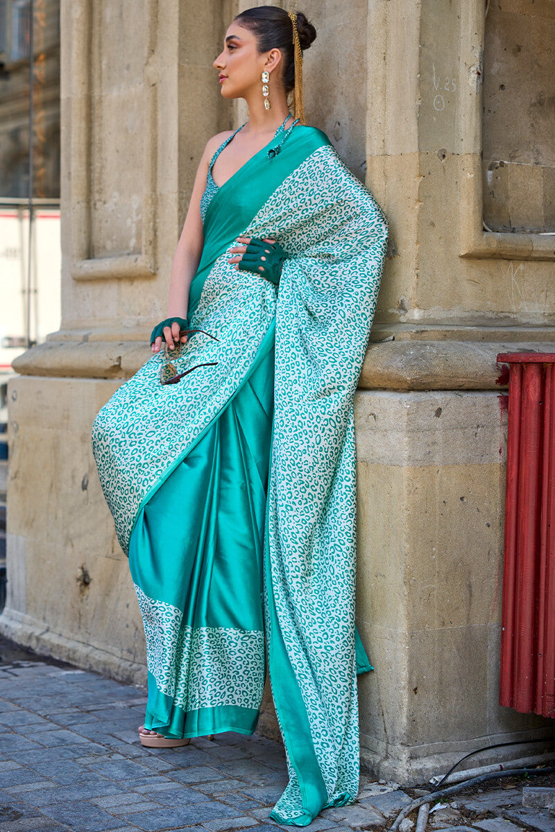 Eastern Blue Printed Satin Silk Saree