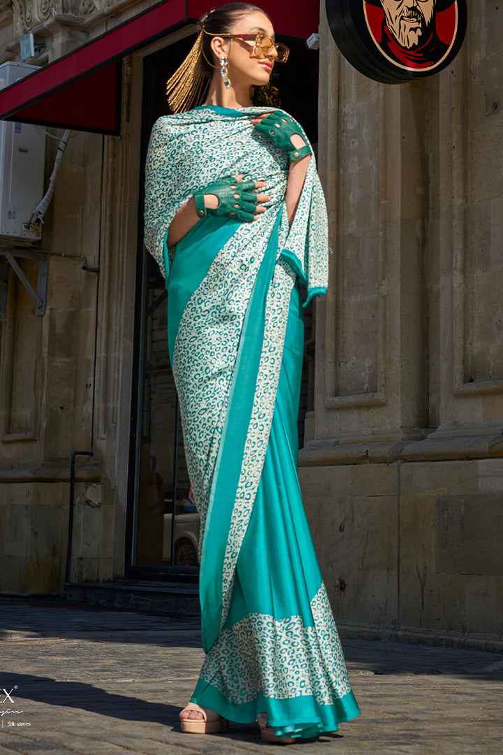 Eastern Blue Printed Satin Silk Saree