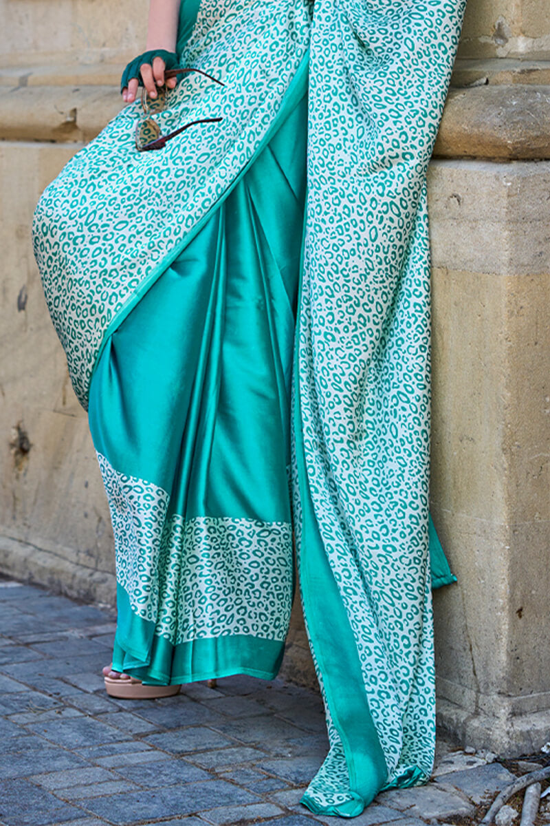 Eastern Blue Printed Satin Silk Saree