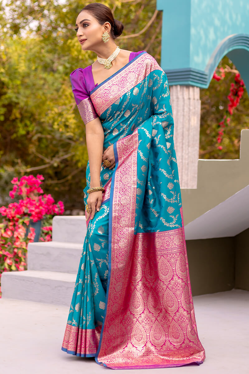 Eastern Blue Satin Banarasi Silk Saree