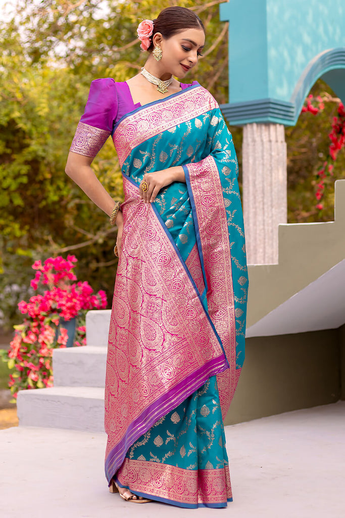 Eastern Blue Satin Banarasi Silk Saree