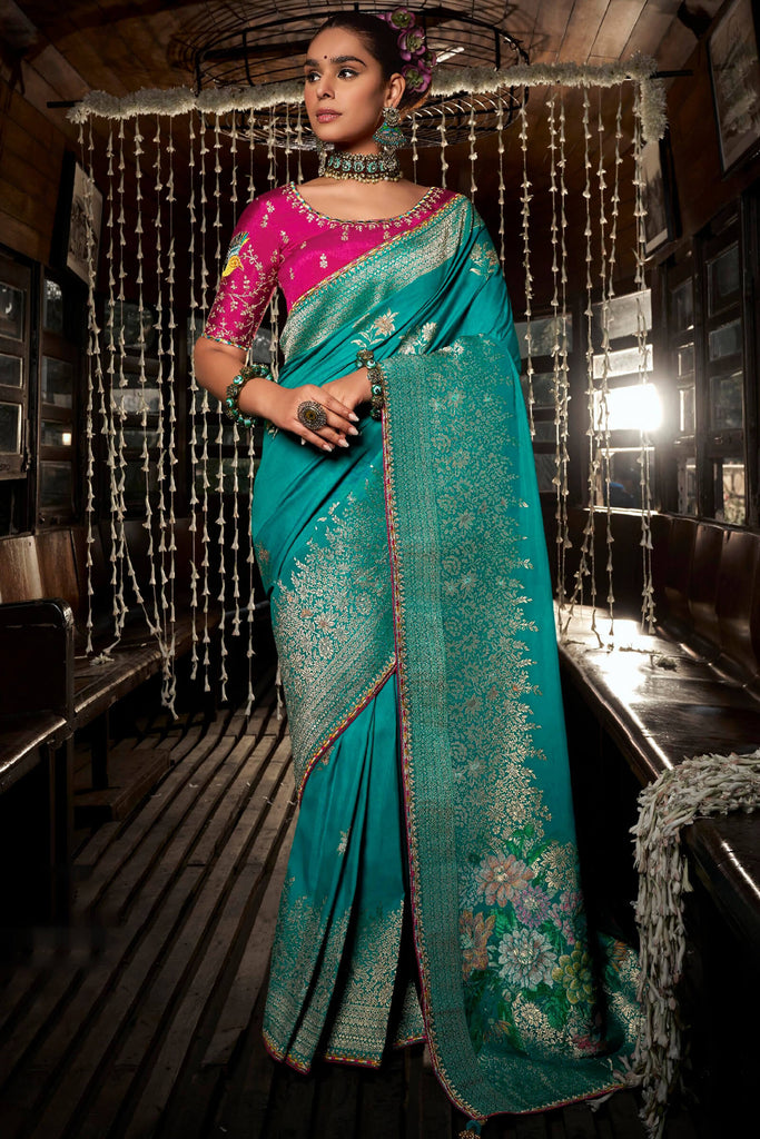 Eastern Blue Soft Dola Viscose Saree With Embroidery Blouse Piece