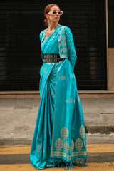Eastern Blue Zari Line Banarasi Satin Silk Saree