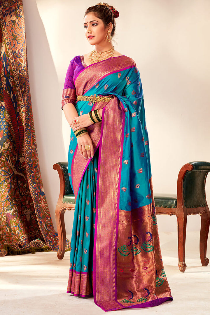 Eastern Blue Zari Woven Paithani Silk Saree