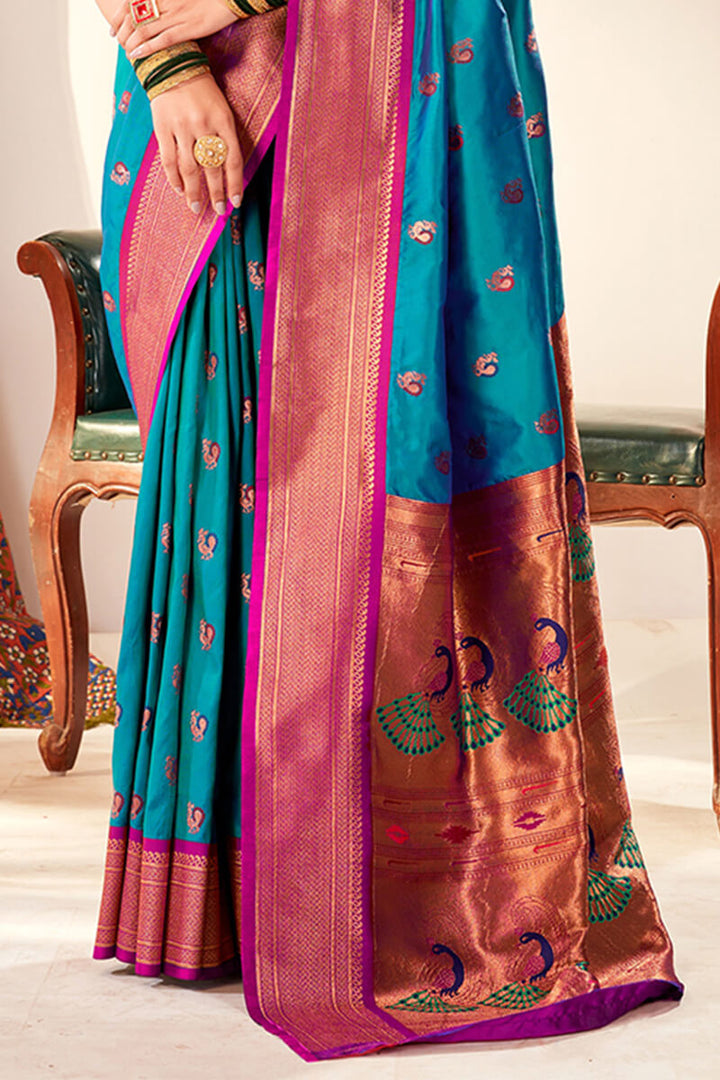 Eastern Blue Zari Woven Paithani Silk Saree