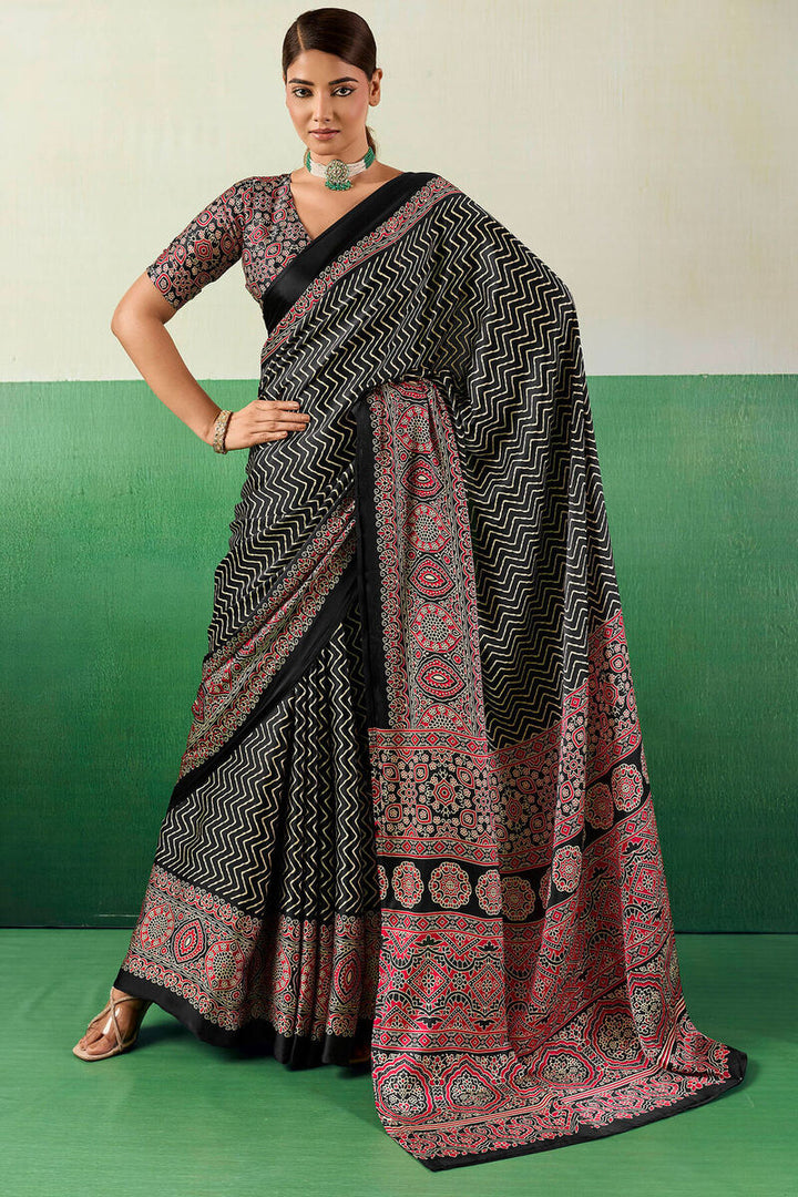 Ebony Black Ajrakh Printed Satin Silk Saree