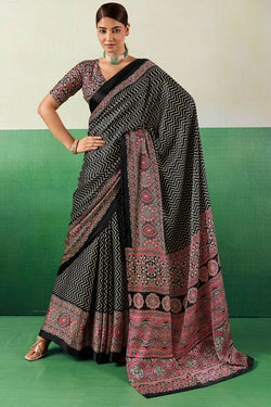 Ebony Black Ajrakh Printed Satin Silk Saree