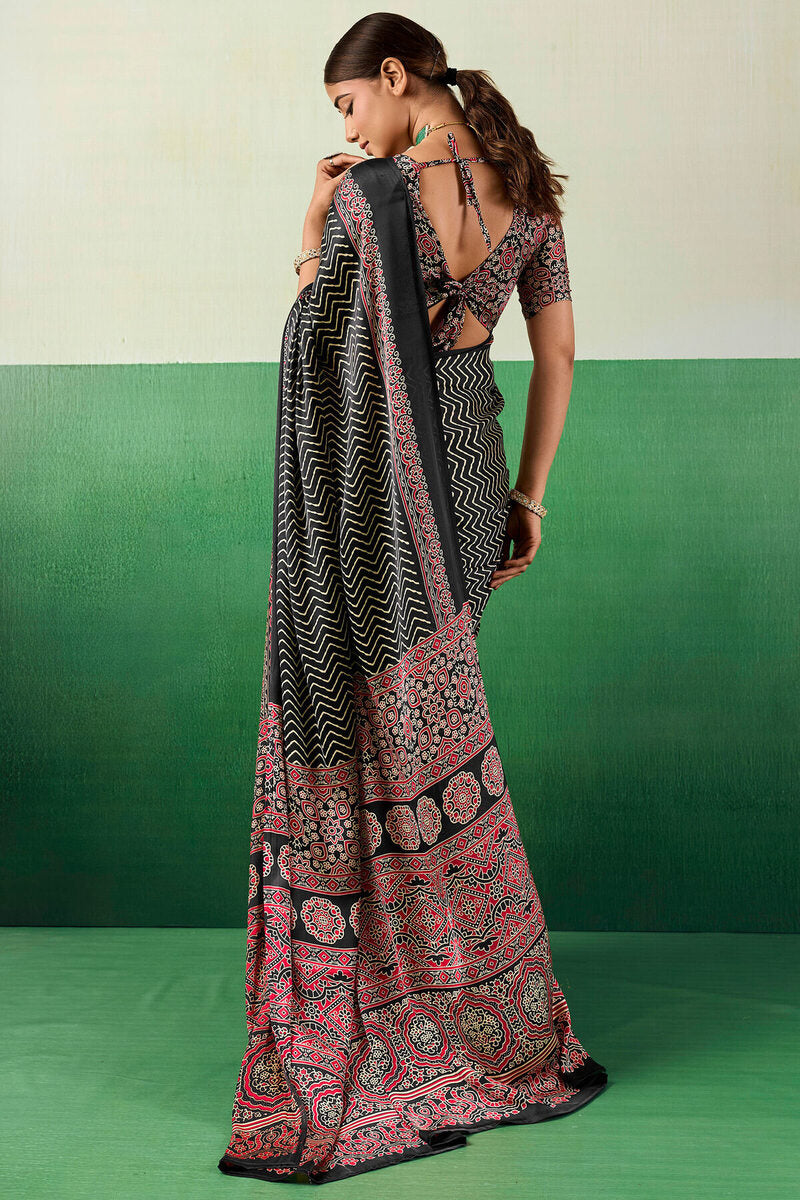 Ebony Black Ajrakh Printed Satin Silk Saree