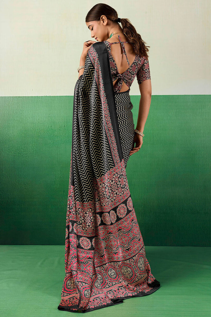 Ebony Black Ajrakh Printed Satin Silk Saree